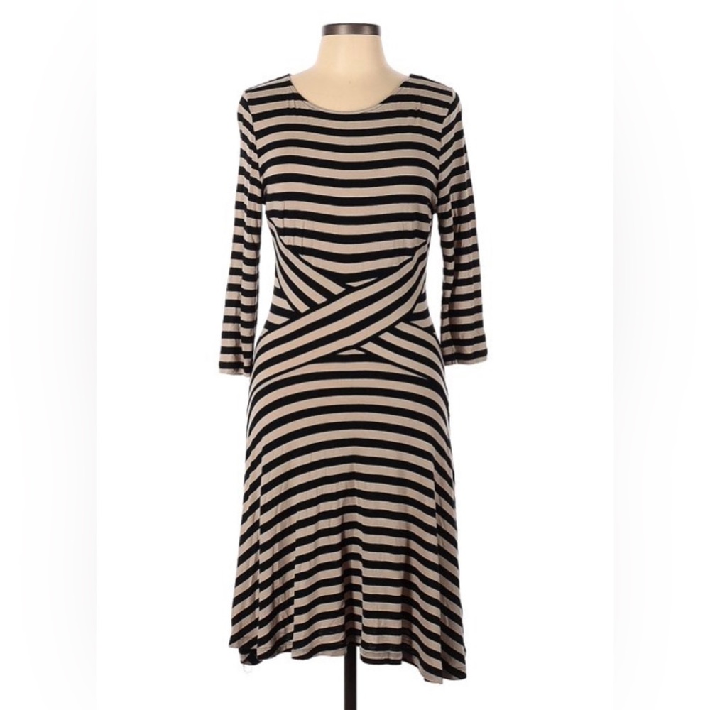 ECI Striped Black and Tan Fit & Flare Stretch Dress